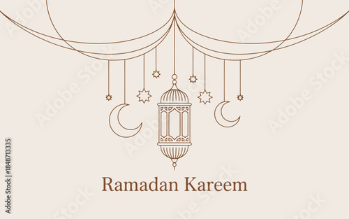 This elegant brown outline drawing displays a traditional Ramadan lantern surrounded by crescent moons and stars