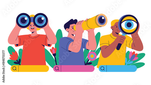 Three characters actively observing with binoculars, a telescope, and a magnifying glass above interactive search bars