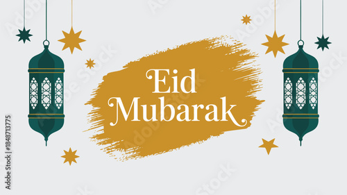 Vibrant Eid Mubarak message with glowing lanterns and sparkling stars set against a soft light grey backdrop