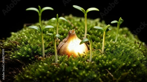 Close Up Of A Glowing Onion Bulb Surrounded By Fresh Green Sprouts Growing On Moss In A Dark Studio With Soft Lighting