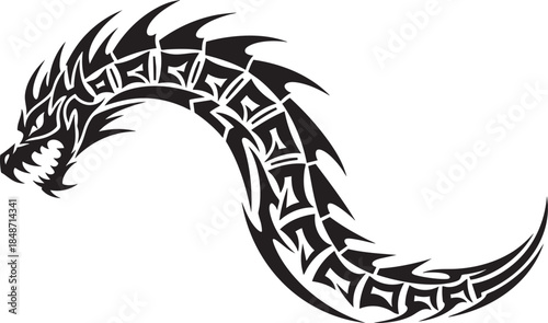 Tribal dragon tattoo vector illustration, black silhouette of mythical creature for body art and graphic design.