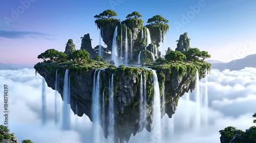 Fantasy Floating Island Paradise With Cascading Waterfalls Lush Greenery Amidst Soft Clouds In A Serene Sky