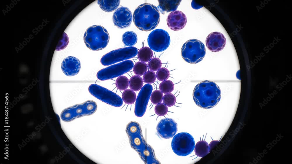Educational microscope view displaying stained bacterial cells in vivid ...
