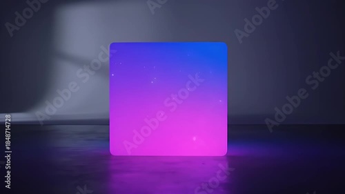 Abstract Glowing Cube With Blue And Pink Gradient Light Effect In Dark Studio With Shadows And Floating Particles