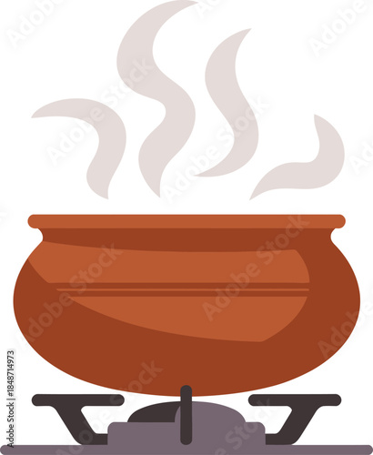 Clay pot simmering with steam rising from a gas stove, traditional cooking concept, isolated on transparent background.