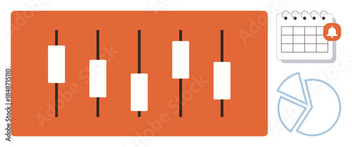 Candlestick chart on orange background, calendar with alert, and pie chart segment. Ideal for finance, trading, planning, stock market, scheduling data analysis time management. Simple flat