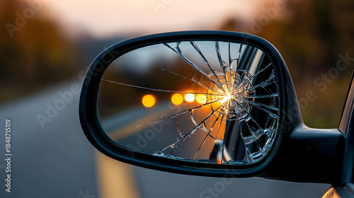 Shattered side mirror reflecting a road at dusk.