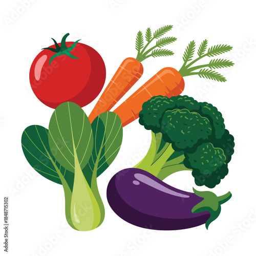 Vibrant Assorted Vegetables Clipart Featuring Red Tomato Orange Carrots Green Broccoli Purple Eggplant and Bok Choy