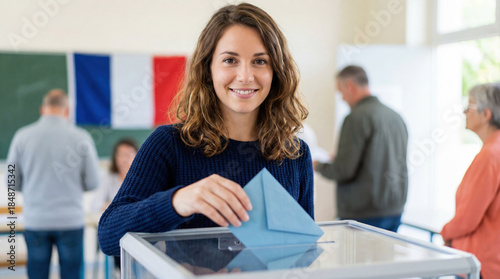 Portrait of a smiling young woman casting her ballot in a transparent box during an election in France. Happy female voter performing civic duty at a polling station with the French flag.
