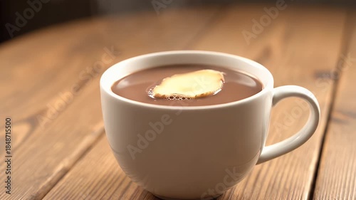 Steaming Hot Chocolate With Ginger Slice In White Mug On Wooden Table With Soft Lighting
