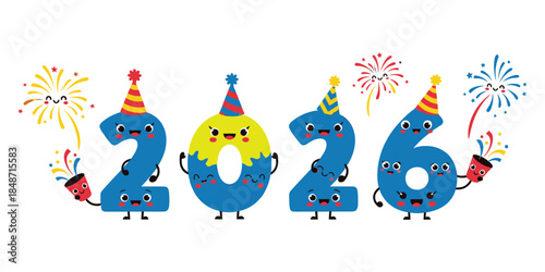 Cheerful cartoon numbers 2026 celebrating new year with party hats and fireworks