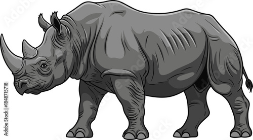 Side profile of rhinoceros with textured skin and horns, wildlife and conservation concept, flat vector illustration, white background