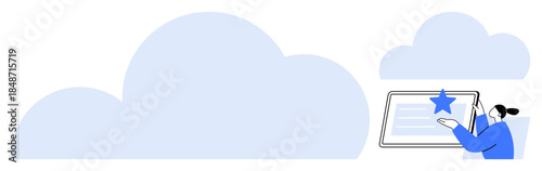 Technology services, cloud computing, user interaction, data storage, digital tools, online systems. Person pointing to screen with star icon. Cloud computing and technology services