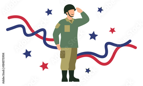 An honorable soldier in military uniform saluting, with patriotic red and blue stars and ribbons