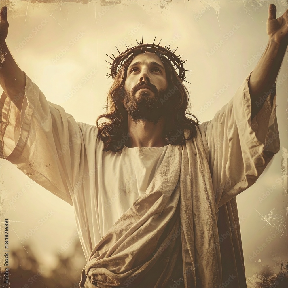Obraz premium Jesus Christ Portrait with Crown of Thorns and Arms Raised