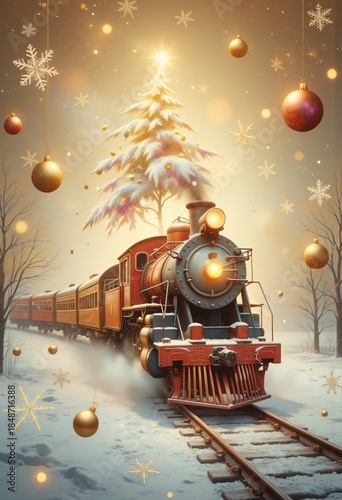 Fantasy winter train journey through snowy forest scenery