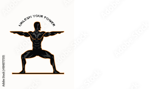 Muscular man in warrior yoga pose with 