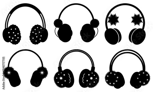 Set of stylized headphones with star and fur patterns on white background star pattern black