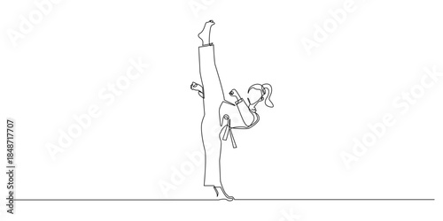 Continuous line drawing of a female martial artist performing a high kick.symbolizing strength, and discipline. Single line illustration for sport, self defense, and training themes.