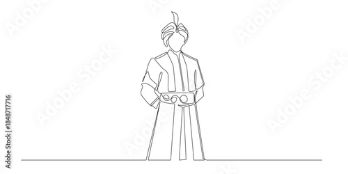 Continuous line drawing of a man wearing traditional Ottoman clothing symbolizing historical identity nobility and cultural heritage. Single line suitable for history culture and empire themes.