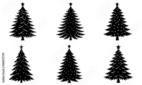 Six black Christmas trees with stars and ornaments on white background