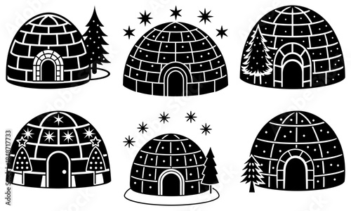 Igloo with Christmas Tree and Stars Silhouette on White Background winter