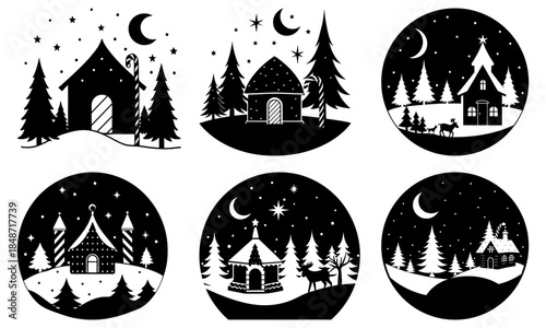 Winter Cabins and Cottages in Snowy Forest with Stars and Moon on White Background