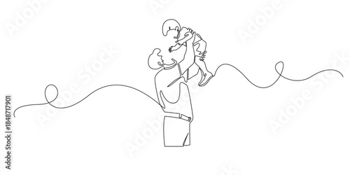 continuous line drawing of a father lifting his young son, symbolizing love, care, trust, and strong family bonds. single line illustration is suitable for themes of parenting, family, and affection.