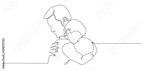 Continuous line drawing of a young boy hugging his father symbolizing love trust and family bond. Single line illustration suitable for parenting care and emotional connection themes.