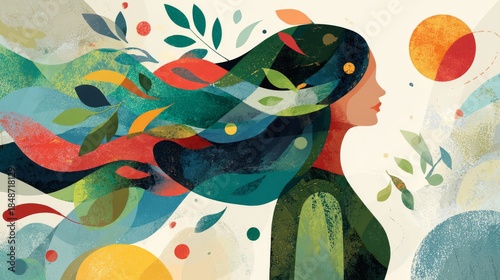 Abstract Female Profile with Flowing Hair and Nature Elements, Vibrant Colors and Organic Shapes Representing Harmony