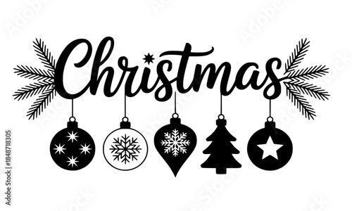 Merry Christmas script typography with hanging baubles and pine branches, festive holiday ornaments and evergreen needles vector design, black Xmas lettering isolated on white background