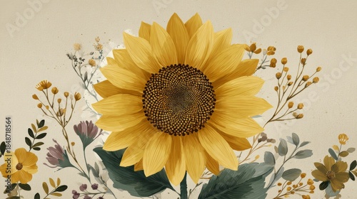 Digital Illustration of Vibrant Sunflower Surrounded by Colorful Botanical Elements on Beige Background