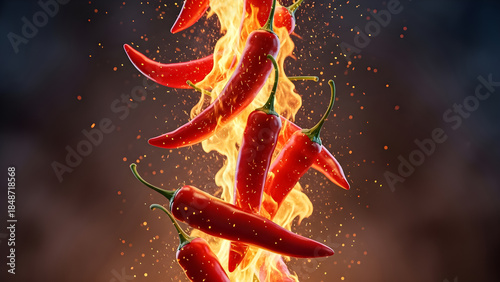 Vibrant red chili peppers engulfed in bright orange flames with glowing embers against a dark background