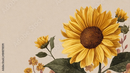 Digital Illustration of Vibrant Sunflower Surrounded by Colorful Botanical Elements on Beige Background