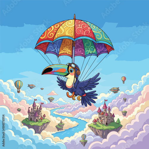 Cartoon Toucan Parachuting Above Fantasy Landscape.