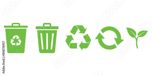 Green Recycling and Eco Sustainability Icon Set on White Background