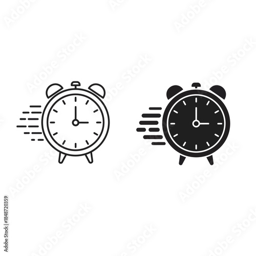 Two Alarm Clocks with Speed Lines Illustration: One Outlined, One Solid Black, Symbolizing Urgency and Passage of Time