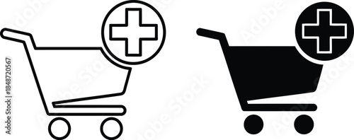 Shopping Cart Icons with Plus Signs - Outline and Solid Black Designs for Addition or Selection - Perfect for E-commerce Websites and Online Stores