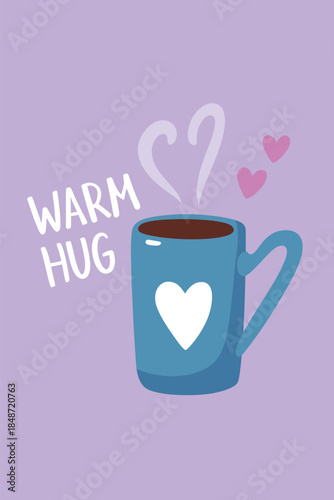 Warm Hug Concept with Blue Coffee Mug Heart Shape Steam and Pink Hearts on Purple Background for Comfort Graphic