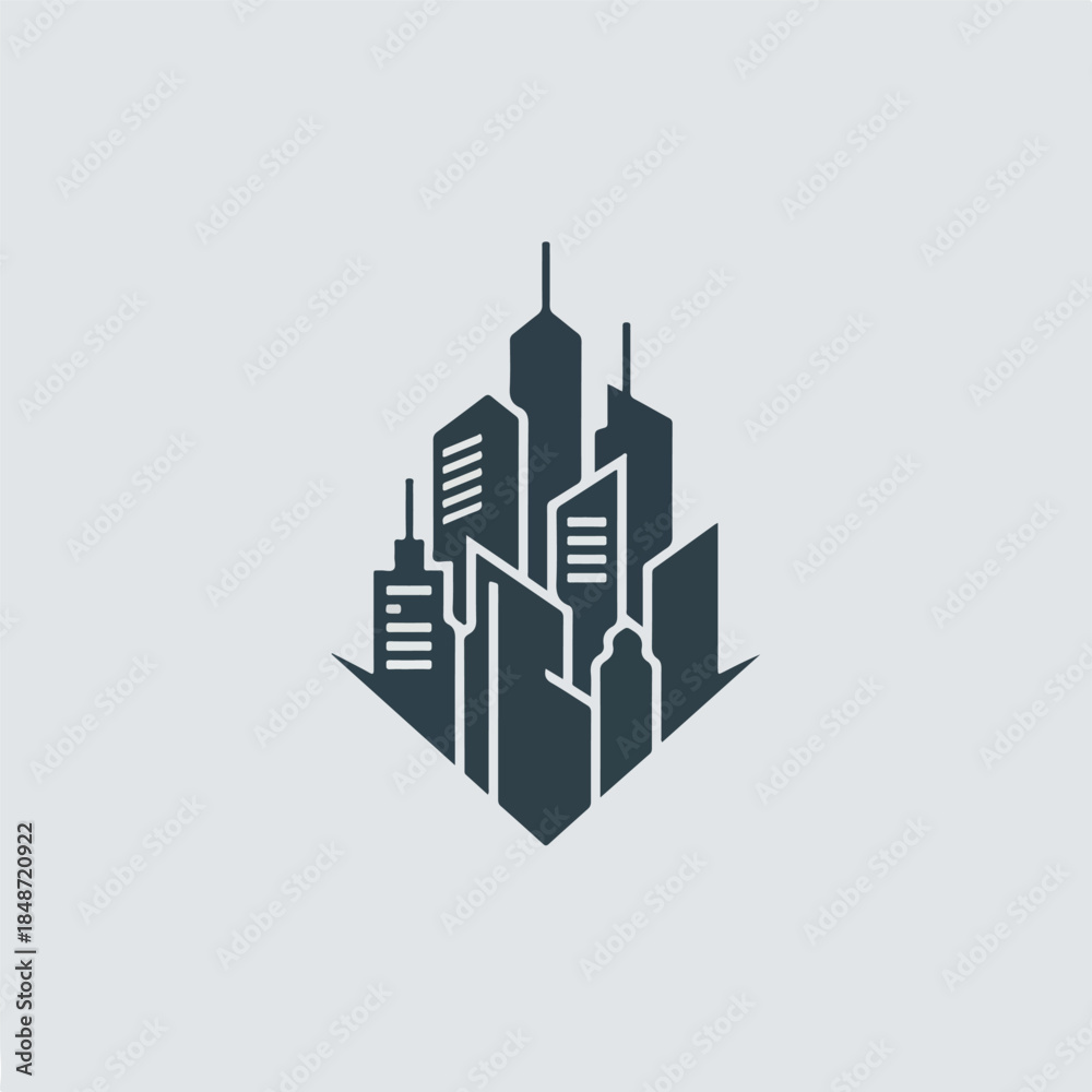 Obraz premium Cityscape Silhouette Logo Design with Modern Buildings and Geometric Shape.