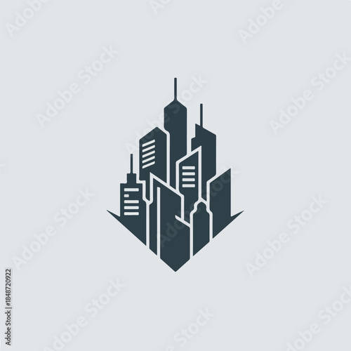 Cityscape Silhouette Logo Design with Modern Buildings and Geometric Shape.