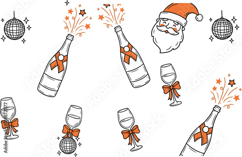 Holiday celebration icons with champagne bottles, wine glasses, disco balls, and Santa Claus in festive black and white vector illustration style