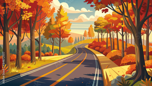 Very beautiful autumn road in Door County, Wisconsin, winding through trees filled with fall colors, creating a scenic seasonal drive surrounded by nature and peaceful countryside charm.