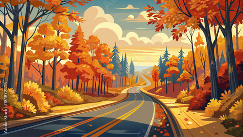 Very beautiful autumn road in Door County, Wisconsin, winding through trees filled with fall colors, creating a scenic seasonal drive surrounded by nature and peaceful countryside charm.