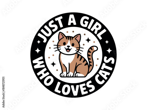 Cute Cartoon Cat Lover Girl Badge Sticker with Colorful Stars and Text