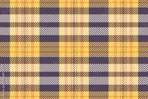 Vibrant, seamless tartan pattern. Features warm yellow, orange, and purple hues. Ideal for backgrounds, textiles, and autumnal designs. Adds rustic charm.