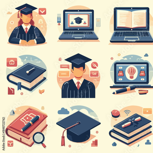 Vector set of 8 Online education icons (laptop, graduation cap, book), flat vector illustration, modern academic style