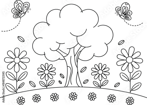 Spring scene with tree flowers and butterflies for coloring nature daisies