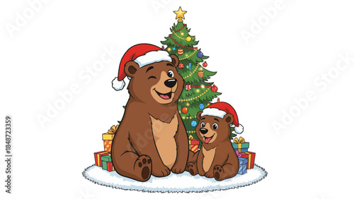 friendly bears wearing a Santa hat sits calmly near a decorated Christmas tree, creating a warm and whimsical holiday scene full of charm and seasonal joy