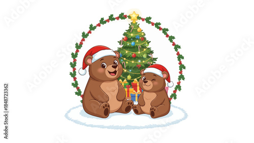 friendly bears wearing a Santa hat sits calmly near a decorated Christmas tree, creating a warm and whimsical holiday scene full of charm and seasonal joy